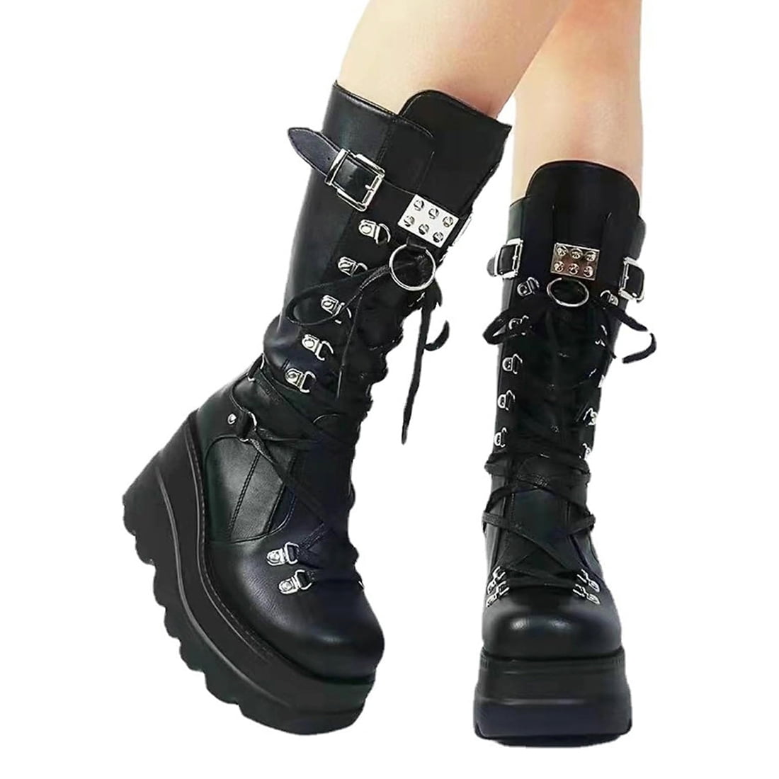 Goth Chunky High Lace Up Boots Black Boots Womens Women's Knee