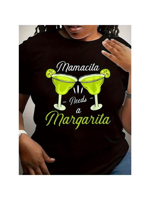 Women's Black "Mamacita Needs a Margarita" Graphic Tee Plus Size S-5XL, Funny Cocktail Printed T-Shirt, Casual Oversized Top for Party Lovers