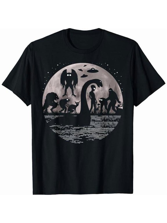 Fashion Graphic Tee,Tops Has Bigfoot Loch Ness Monster Mothman And Aliens Print,Casual Round Neck Regular Fit Tee, Size(S-5XL)