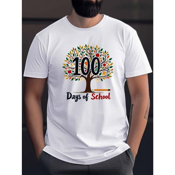 Fashion Graphic Tee,Tops Has"Day Of School"Text With Beautiful Tree Pattern,Round Neck Regular Fit T-shirts, Size(S-5XL)
