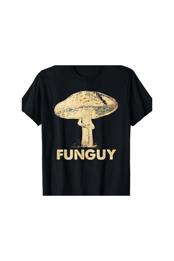 Fashion Graphic Tee,Tops Has"FUN GUY"Text and Yellow Mushroom Pattern Graphic,Casual Round Neck Regular Fit Tee, Size(S-5XL)