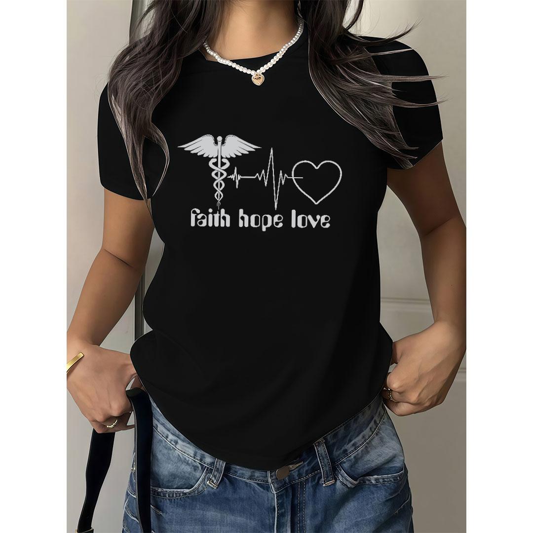 Fashion Graphic Tee,Tops Has"Faith Hope Love"Letter Print,Casual Round ...