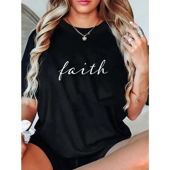 Fashion Graphic Tee,Tops Has"Faith"Letter Pattern,Casual Round Neck Regular Fit T-shirts, Size(S-5XL)