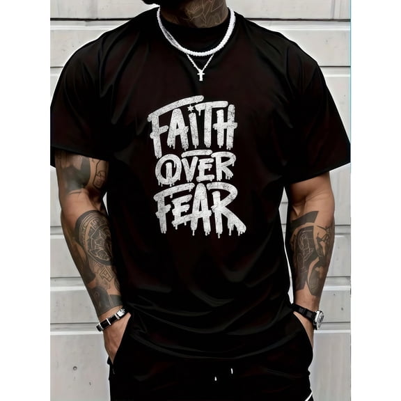 Fashion Graphic Tee,Tops Has"Faith Over Fear"Letter Print,Casual Round Neck Regular Fit T-shirts, Size(S-5XL)