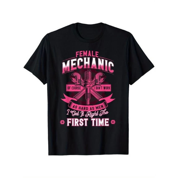 Fashion Graphic Tee,Tops Has"Female Mechanic"Text With Tool Design,Round Neck Regular Fit T-shirts, Size(S-5XL)