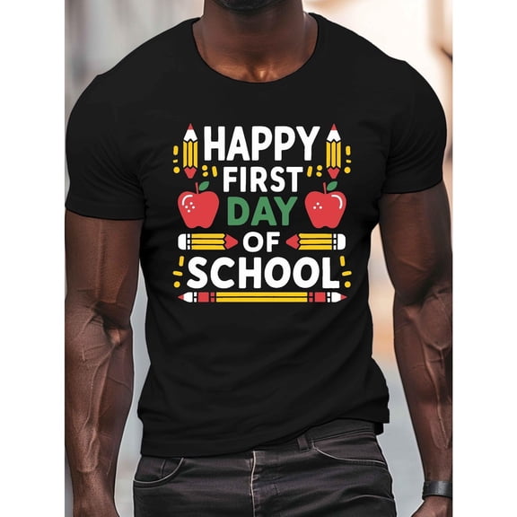Fashion Graphic Tee,Tops Has"HAPPY FIRST DAY OF SCHOOL"Text With Pencil And Apple Pttern,Round Neck Regular Fit T-shirts, Size(S-5XL