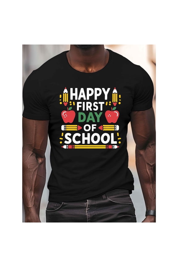 Fashion Graphic Tee,Tops Has"HAPPY FIRST DAY OF SCHOOL"Text With Pencil And Apple Pttern,Round Neck Regular Fit T-shirts, Size(S-5XL