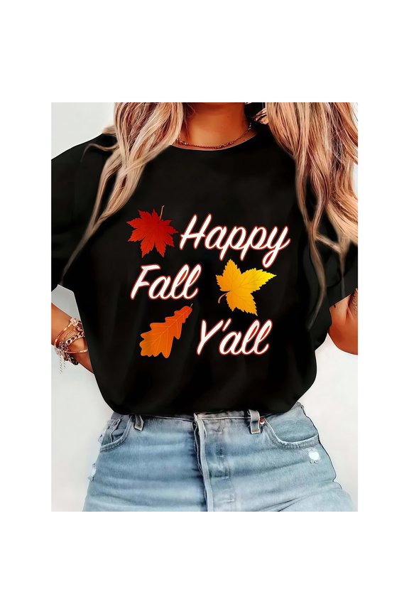 Fashion Graphic Tee,Tops Has"Happy Fall Y'all"Letter Pattern with Autumn Leaves Elements,Round Neck Regular Fit T-shirts, Size(S-5XL)