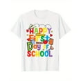 thumbnail image 1 of School Themed Graphic Tees,"Happy First Day of School"Text Graphic Casual T Shirt,Short Sleeve Round Neck,Daily Tops,Size(S-5XL), 1 of 5