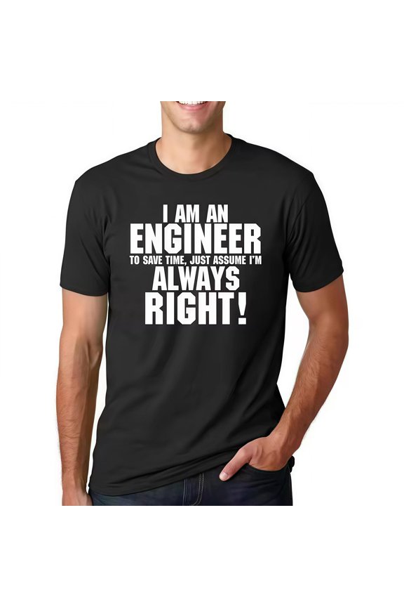 Fashion Graphic Tee,Tops Has"I Am an Engineer - Assume I'm Always Right"Letter Print,Casual Round Neck Regular Fit T-shirts, Size(S-5XL)