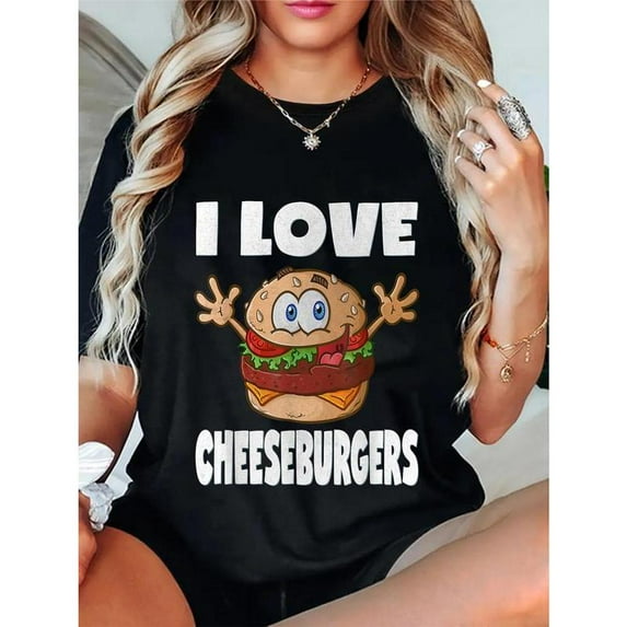 Fashion Graphic Tee,Tops Has"I Love Cheeseburgers"Letter Print,Casual Round Neck Regular Fit T-shirts, Size(S-5XL)