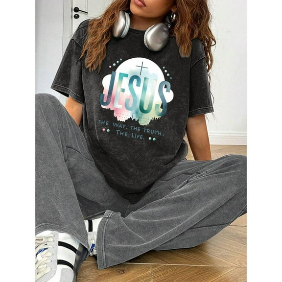 Fashion Graphic Tee,Tops Has Jesus Name and "The Way. The Truth. The Life." Quote,Casual Round Neck Regular Fit T-shirts, Size(S-2XL)