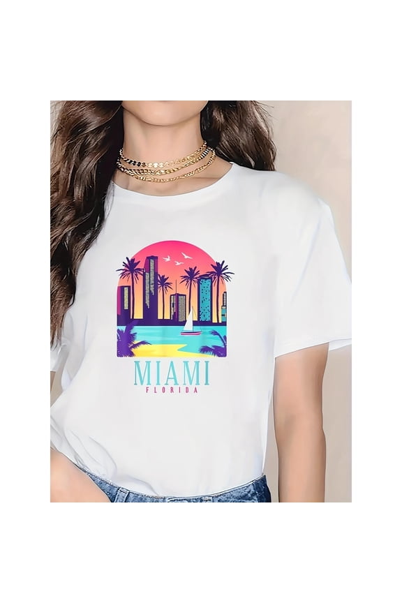 Fashion Graphic Tee,Tops Has"Miami Florida"Text With Palm Trees and City Skyline Design,Round Neck Regular Fit T-shirts, Size(S-5XL)