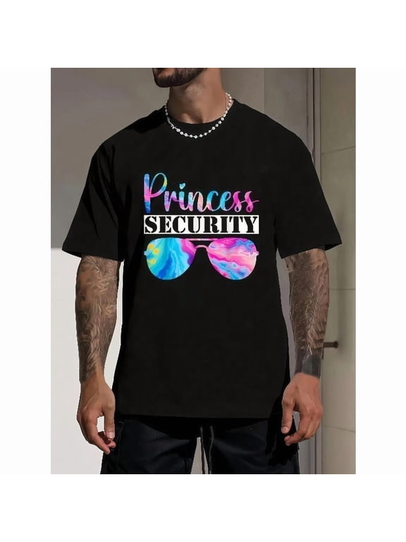Fashion Graphic Tee,Tops Has"Princess Security"Text With Colorful Glasses Pattern,Round Neck Regular Fit T-shirts, Size(S-5XL)
