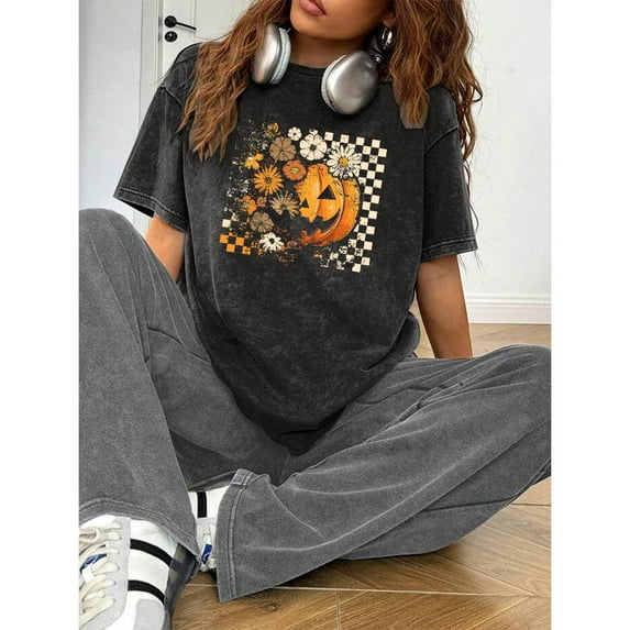 Fashion Graphic Tee,Tops Has Pumpkin, Floral and Checkerboard Graphics,Casual Round Neck Regular Fit T-shirts, Size(S-2XL)