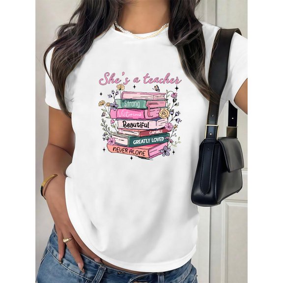 Fashion Graphic Tee,Tops Has"She's a Teacher" Slogan Graphic,Round Neck Regular Fit T-shirts, Size(S-5XL)