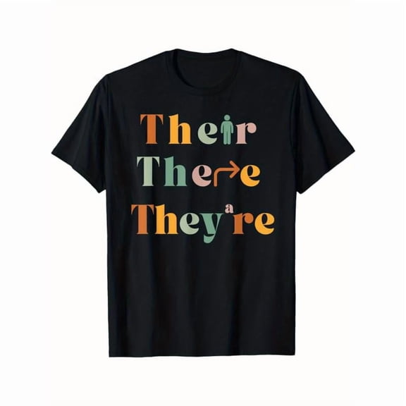 Fashion Graphic Tee,Tops Has"Their There They're"Text With Small People Pattern,Round Neck Regular Fit T-shirts, Size(S-5XL)