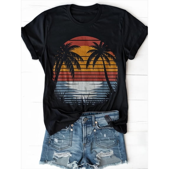 Fashion Graphic Tee,Tops Has Tropical Palm Tree Sunset Pattern,Round Neck Regular Fit T-shirts, Size(S-5XL)