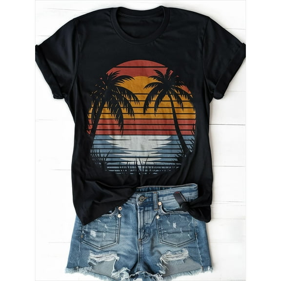 Fashion Graphic Tee,Tops Has Tropical Palm Tree Sunset Pattern,Round Neck Regular Fit T-shirts, Size(S-5XL)