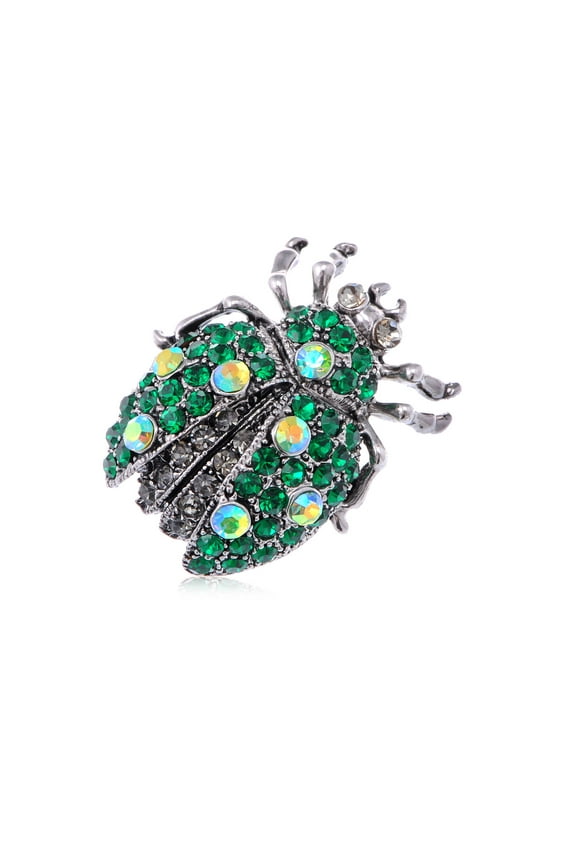 Fashion Green Crystal Rhinestone Ladybug Beetle Silver Tone Costume Brooch Pin