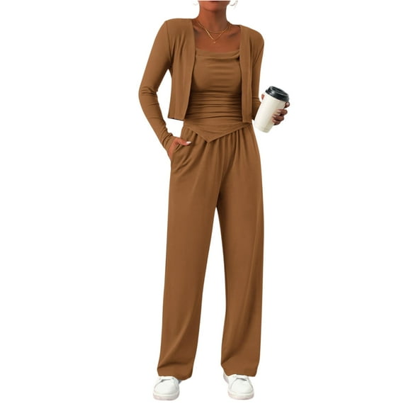 Fashion Halter Long Pants Jacket Coat For Women's 3 Piece Set Autumn New Casual Simple Sporty Pocket Long Pants Set Female