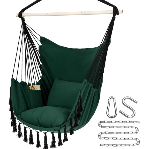 Hammock Chair Hanging Rope Swing with 2 Cushions, Max Capacity 500 Lbs, Large Macrame Weave with Pocket for Comfort and Durability in Dark Grey