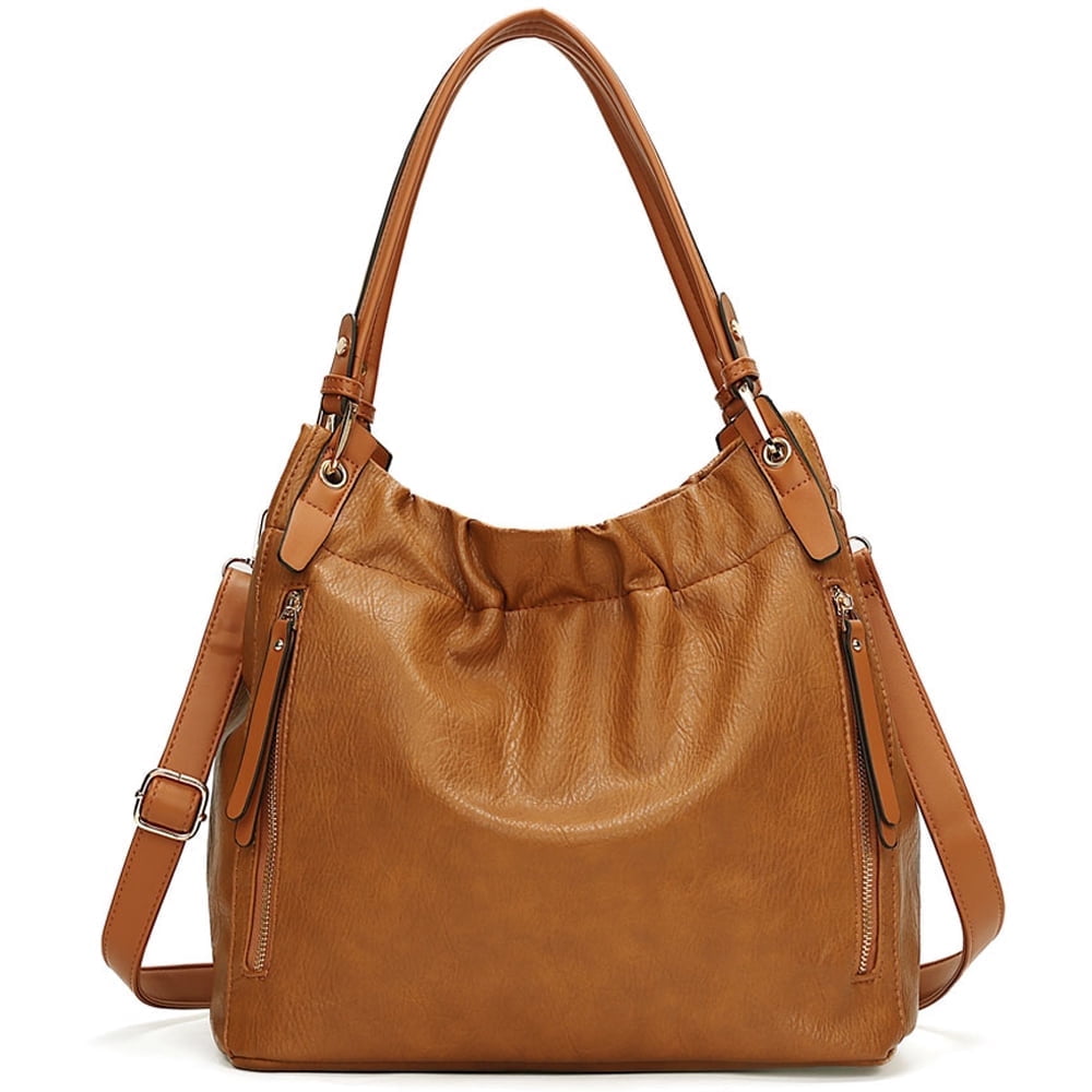 Capamaster Slouchy Hobo Handbag for Women, Soft Faux Leather Shoulder Purse with Top Handles and Front Zipper Pockets, Brown
