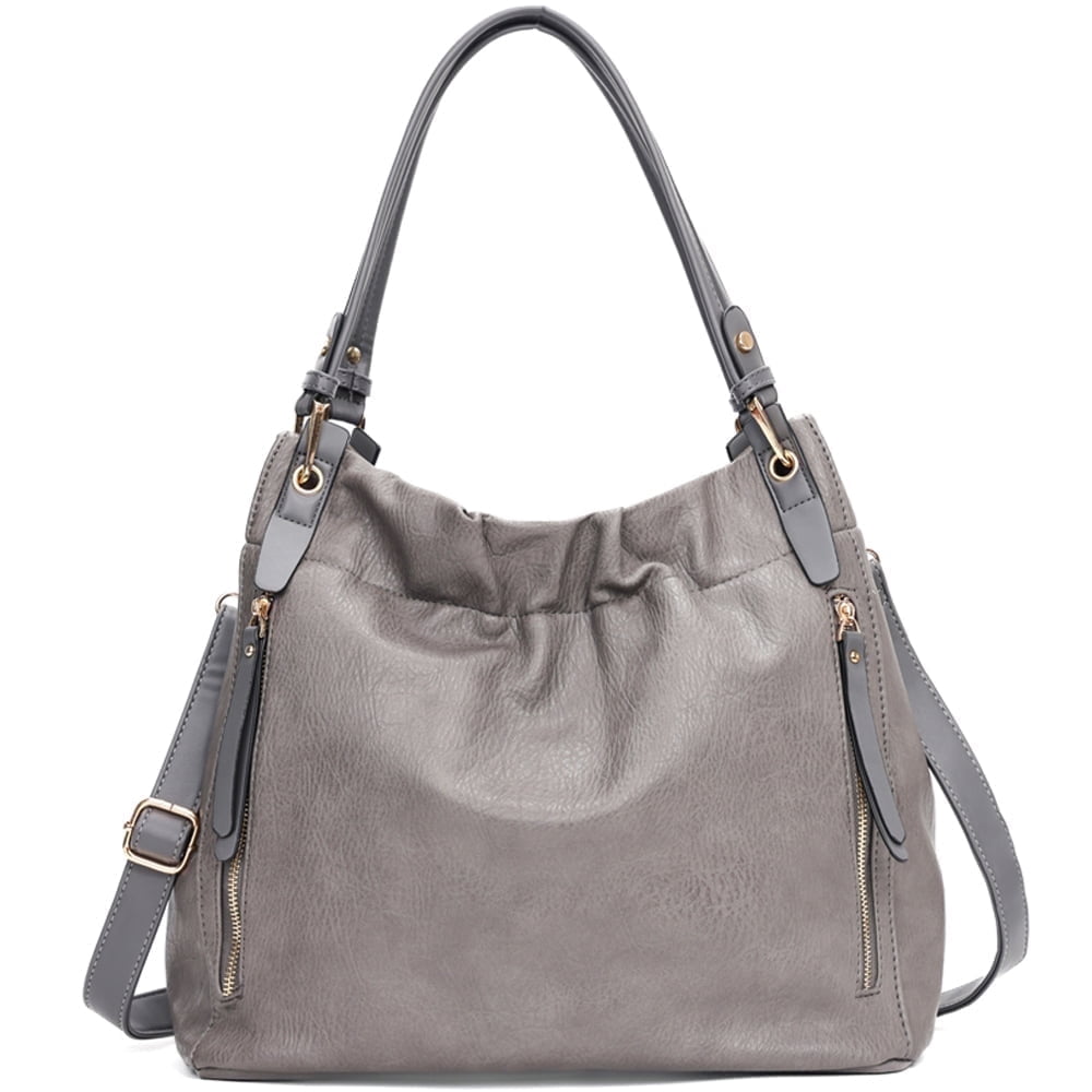 Capamaster Slouchy Hobo Handbag for Women, Soft Faux Leather Shoulder Purse with Top Handles and Front Zipper Pockets, Gray