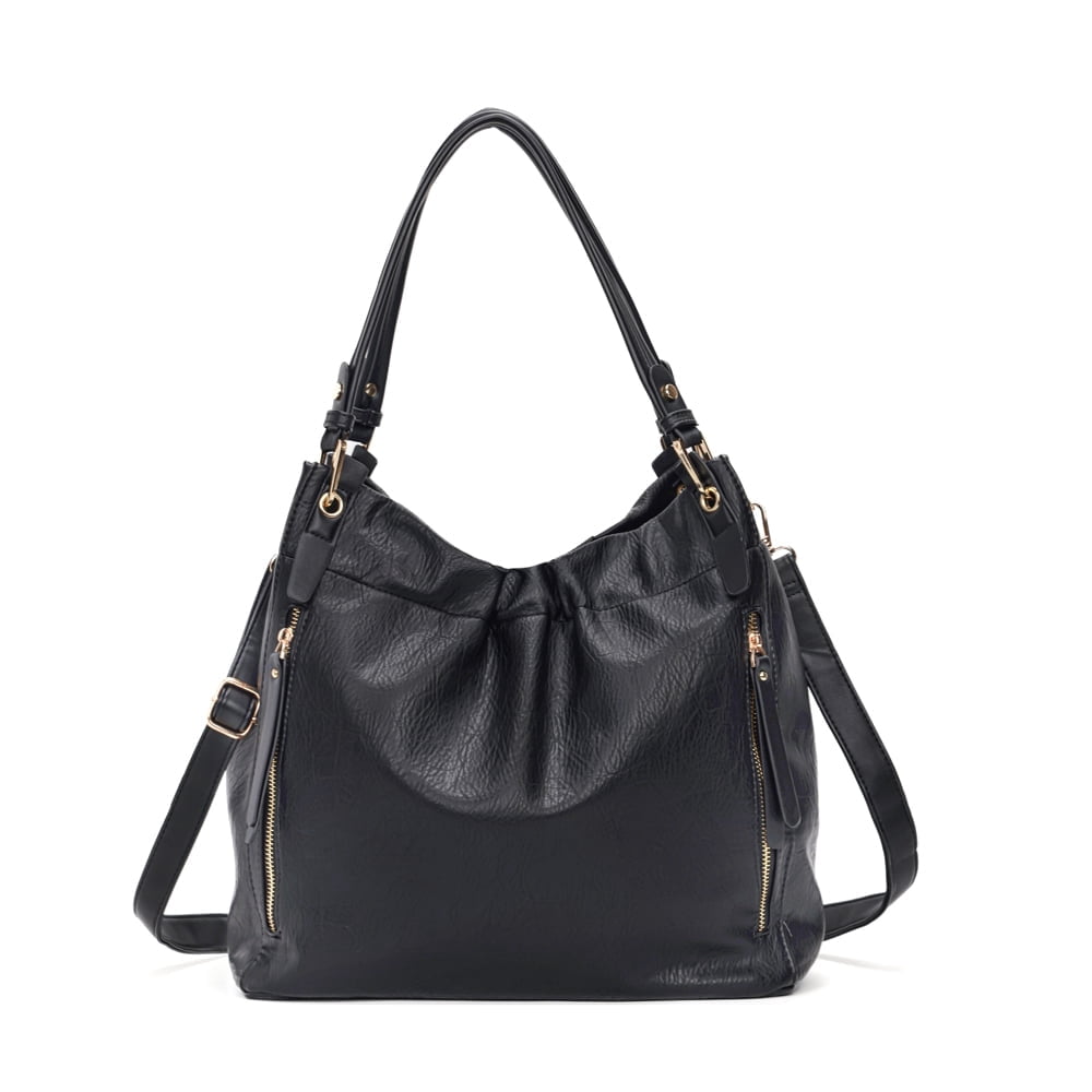 Capamaster Slouchy Hobo Handbag for Women, Soft Faux Leather Shoulder Purse with Top Handles and Front Zipper Pockets, Black