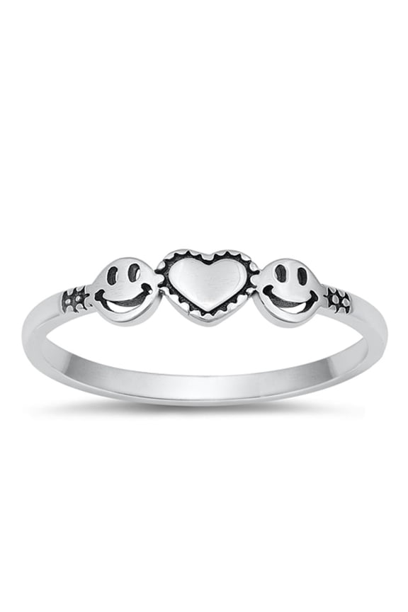 Fashion Happy Face Heart Ring .925 Oxidized Sterling Silver Band Jewelry Female Male Unisex Size 2