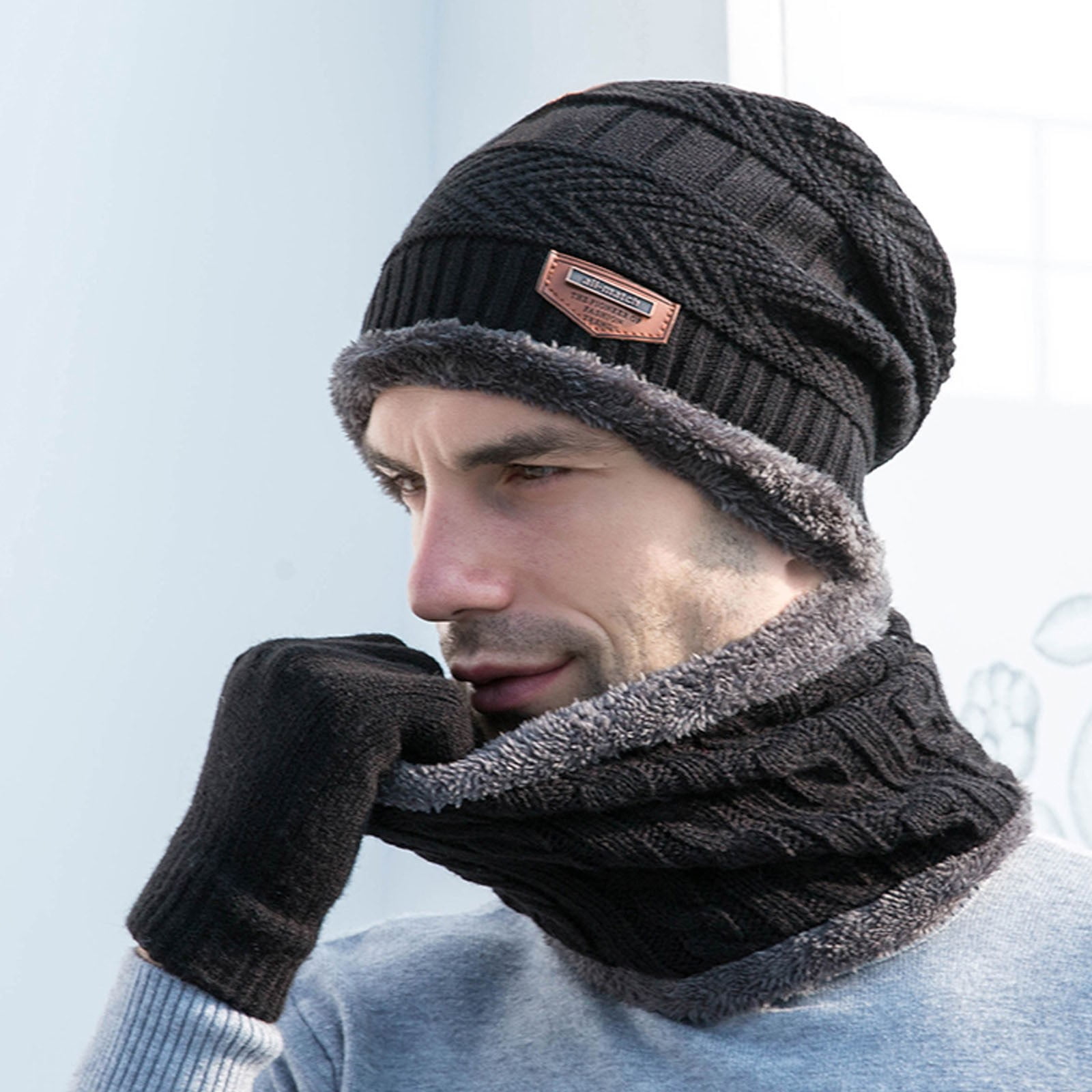 Fashion Hats For Adult Men'S Winter Knitted Windproof Hat Scarf Gloves ...