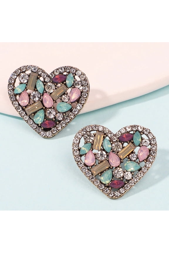 Fashion Heart Metal Hollow Stud Earrings for Women Luxury Bling Color Crystal Party Jewelry Aesthetic Accessories