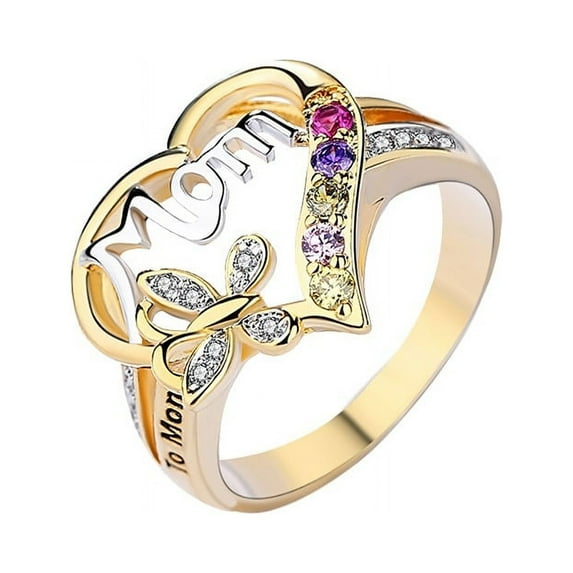 Fashion Heart-shaped Love Mom Two Tone Diamond Band Rings