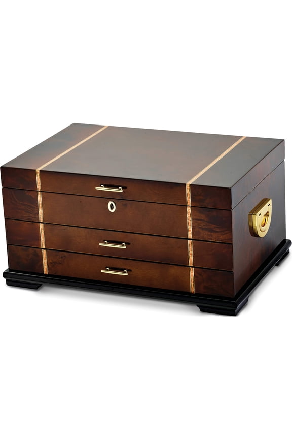 Fashion High Gloss Rustic Burlwood With Walnut Inlay 2-Drawer Jewelry Chest (17.25 X 13) Made In China jjb324