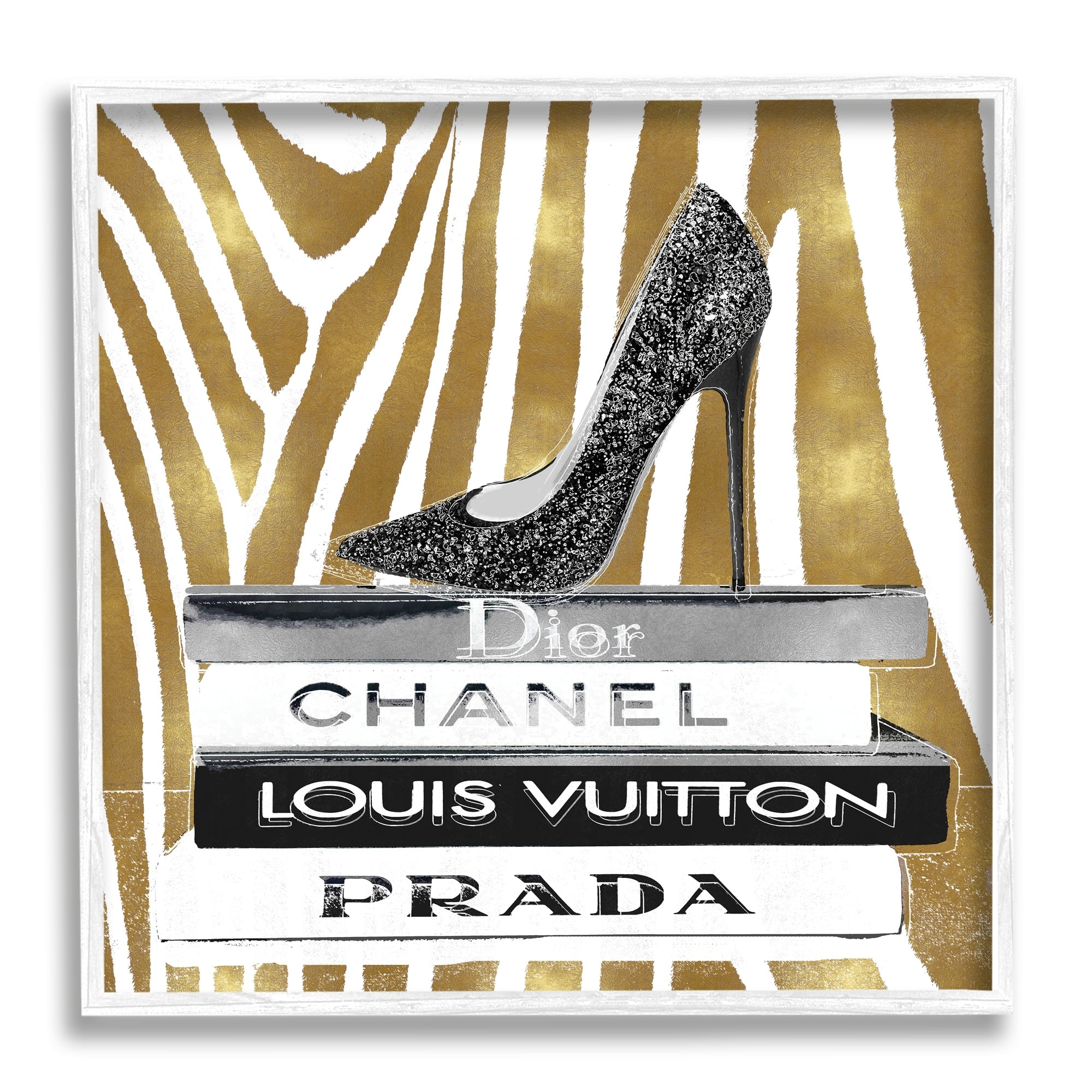 Fashion High Heel Bookstack Glam Gold Zebra Print Beauty & Fashion Framed Art Print Wall Art, 17x17