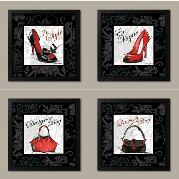 Fashion High-Heel and Designer Luxury Purse Set , Four 12 by 12Inch Black Framed Prints. Red/Black/White