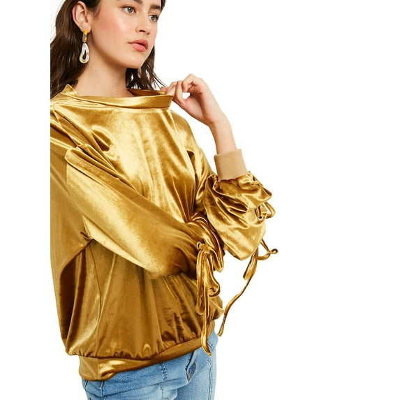 Fashion High Shine Velvet Pullover Sweater with Ruche Details