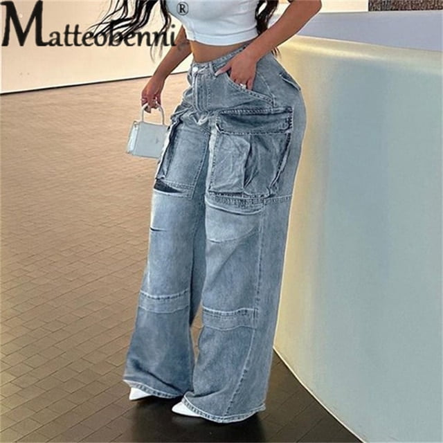 Fashion High Waist Multiple Pockets Splicing Straight Jeans Women Work ...