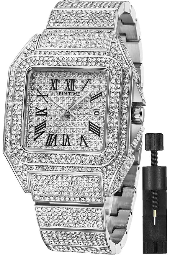 Fashion Hip Hop Men's Crystal Watch Bling Bling Watch Rectangle Case Stainless Steel Quartz Analog Bracelet Wristwatch