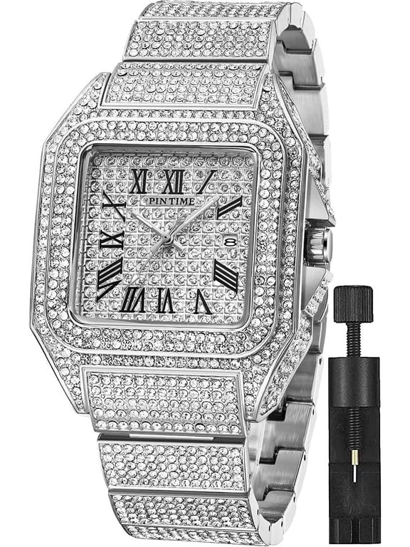 Fashion Hip Hop Men's Crystal Watch Bling Bling Watch Rectangle Case Stainless Steel Quartz Analog Bracelet Wristwatch