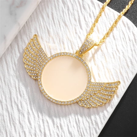 Fashion Hip-hop Wings Photo Pendant Necklace Personalized Stickers Solid Photo Frame Zircon Necklace Couple Holiday Gift Jewelry