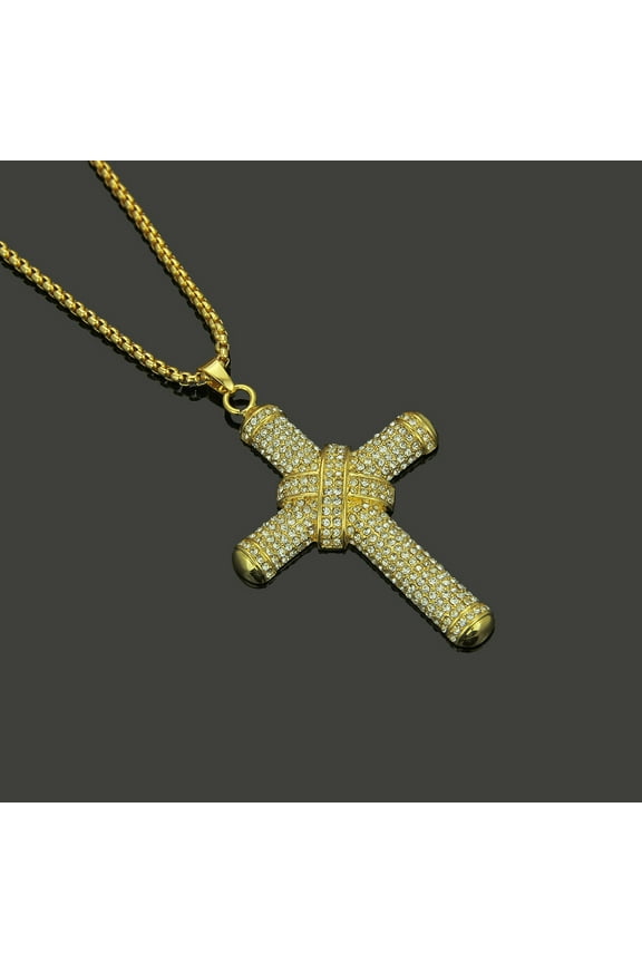 Fashion HipHop Religion Jesus Cross 14K Yellow Gold Pendant Necklace For Men Cuban Chain Iced Out Bling Crystal CZ Necklaces Rock Biker Jewelry