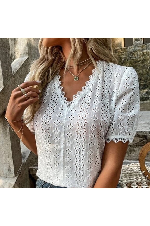 New Fashion Hollow Out Cotton Women's Shirts Summer Short Sleeve Woman Tops V Neck White Women Blouse
