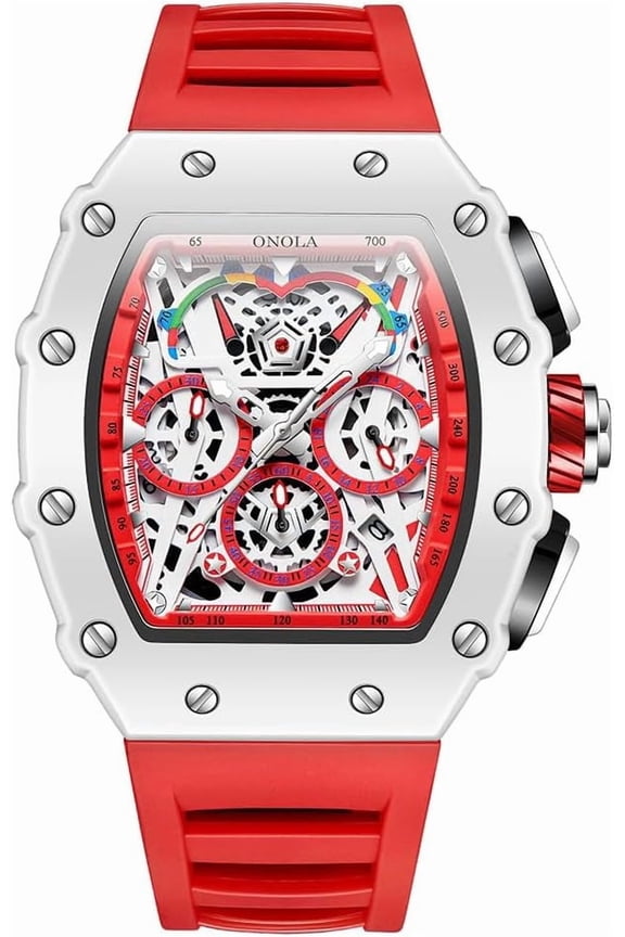 Fashion Hollowed Men Watches Tonneau Skeleton Dial Big Face Waterproof Chronograph Fashion Casual Watch with Silicone Strap Multifunctional Outdoor Sports Wristwatch