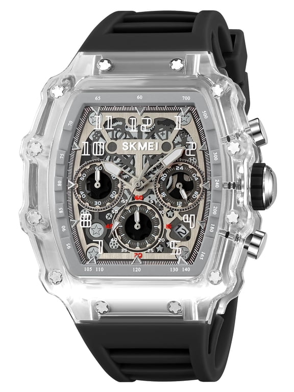 Fashion Hollowed Men Watches Tonneau Transparent Silicone Strap Skull Big Face 50M Waterproof Chronograph Calendar Analog Display Quartz Male Wrist Watch