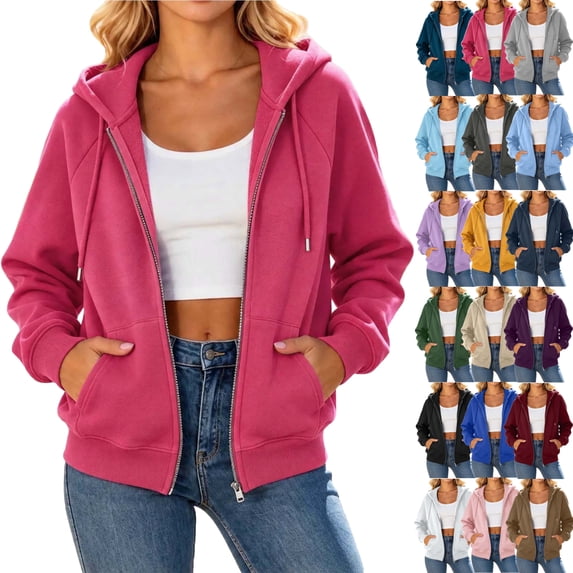 Fashion Hoodies for Womens Lightweight Plus Size Full-Zip Up Casual Comfortable Solid Color Hoodie Drawstring Long Sleeve Pockets Hooded Sweatshirt Coat