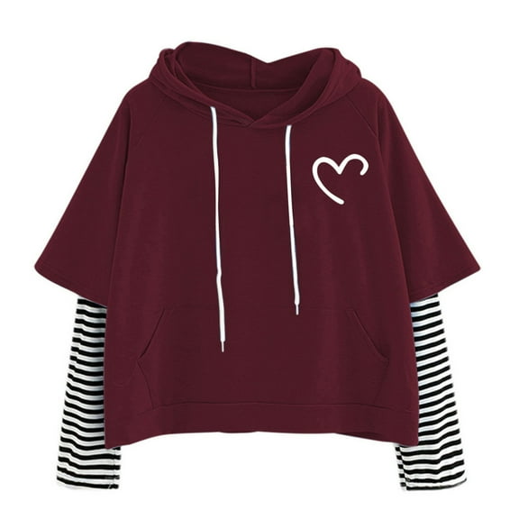 Fashion Hoodies and Sweatshirts Classic Striped Patchwork Long Sleeve Top Women Teens Heat Print Loose Pullovers (X-Large, Wine)