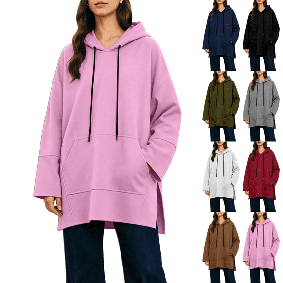 Fashion Hoodies for Women Plus Size Long Hooded Sweatshirt With Drawstring Side Placket Large Pocket Loose Long Sleeved Casual