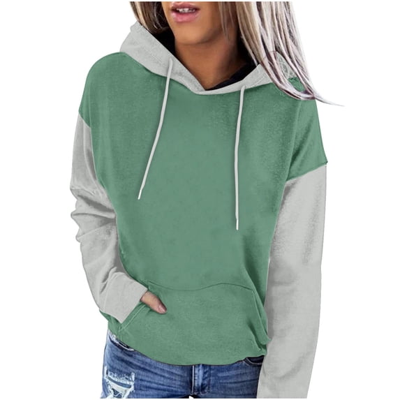 Fashion Hoodies for Women Pullover Plus Size Casual Solid Color-Matching Long-Sleeved Pocket Hoodie