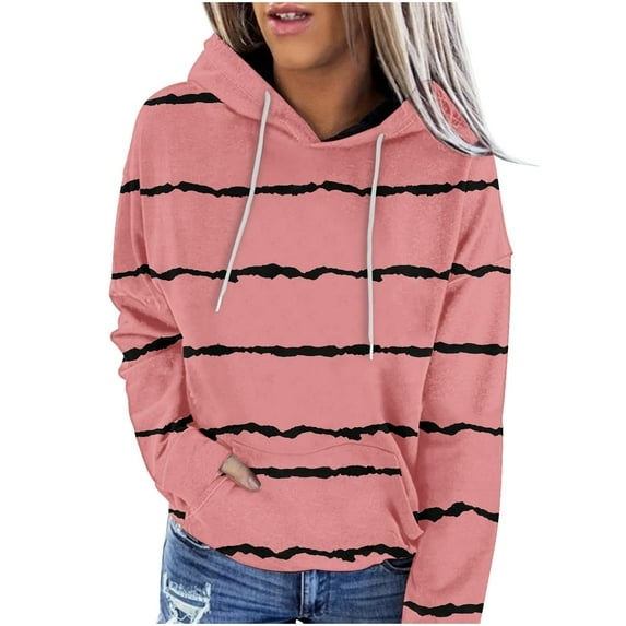 Fashion Hoodies for Women Pullover Plus Size Casual Striped Long Sleeve Pocket Hoodie